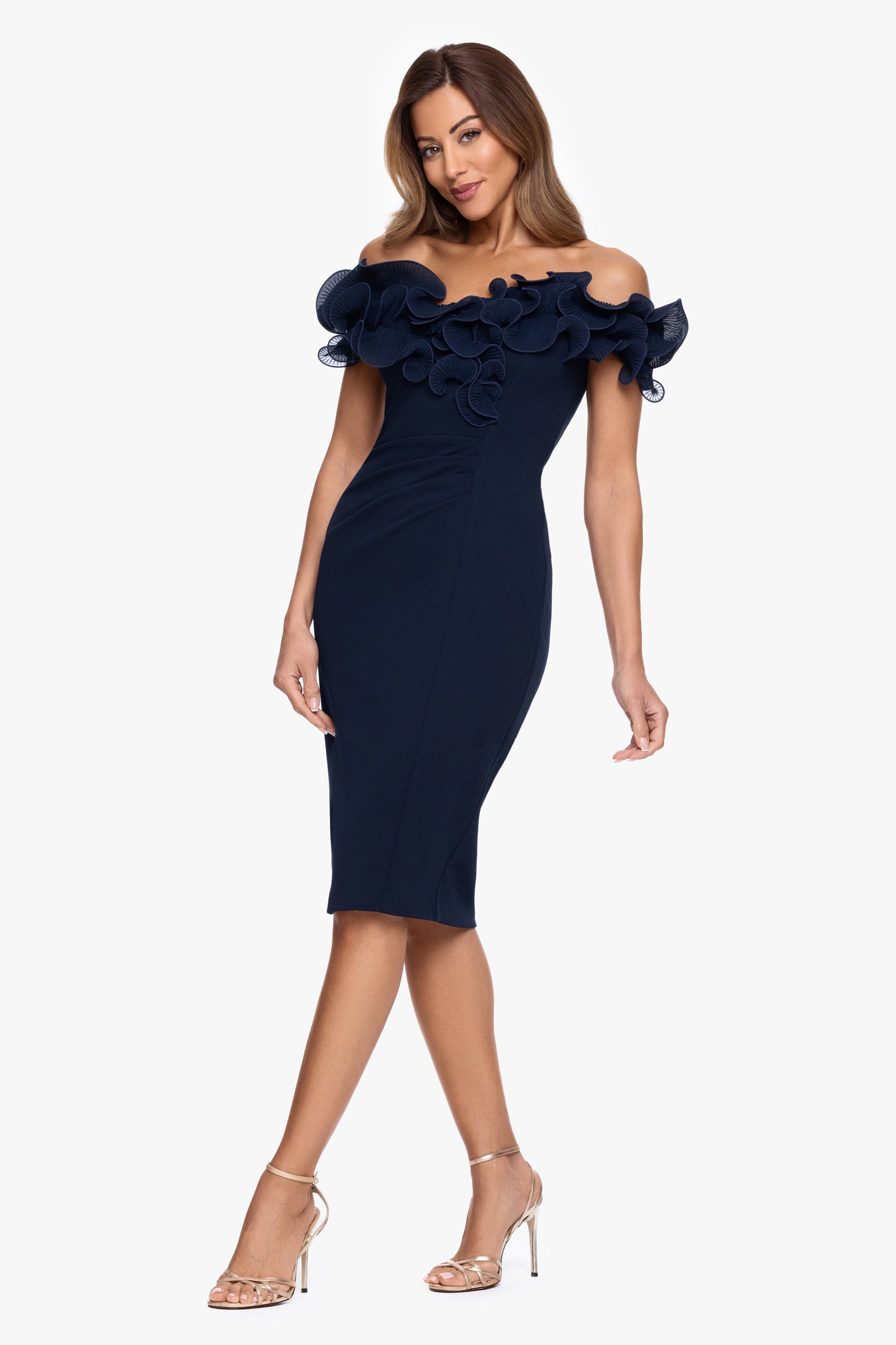 "Natalia" Scuba Crepe Off The Shoulder Ruffle Neck Midi Dress| Xscape Evenings Navy XSCAPE