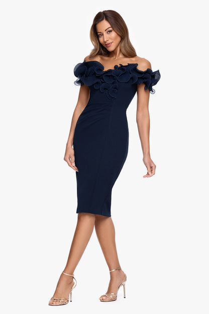"Natalia" Scuba Crepe Off The Shoulder Ruffle Neck Midi Dress| Xscape Evenings Navy XSCAPE