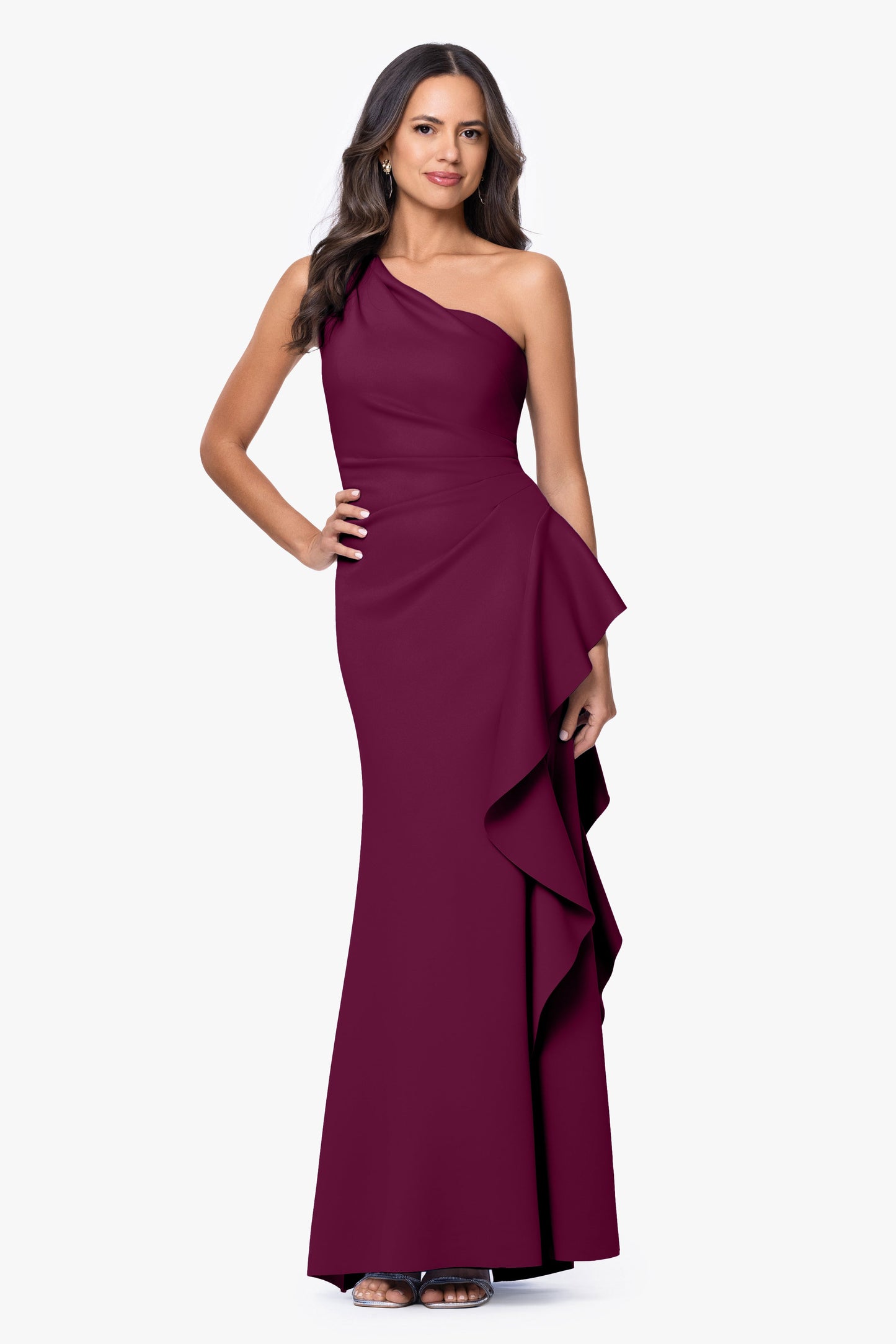 "Flo" Long Techno Scuba One Shoulder Ruffle Dress Raisin XSCAPE