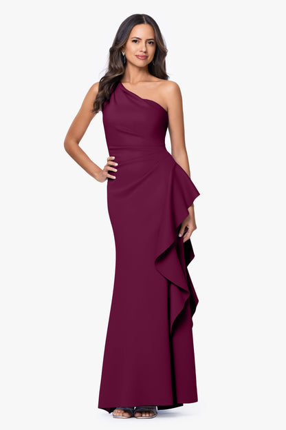 "Flo" Long Techno Scuba One Shoulder Ruffle Dress Raisin XSCAPE