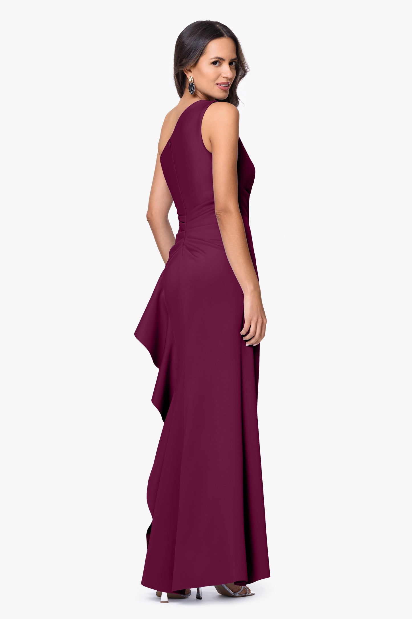 "Flo" Long Techno Scuba One Shoulder Ruffle Dress Raisin XSCAPE