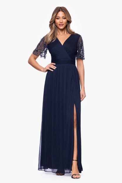 "Aurelia" Sheer Matte Jersey Mesh Beaded Sleeve Dress Navy XSCAPE