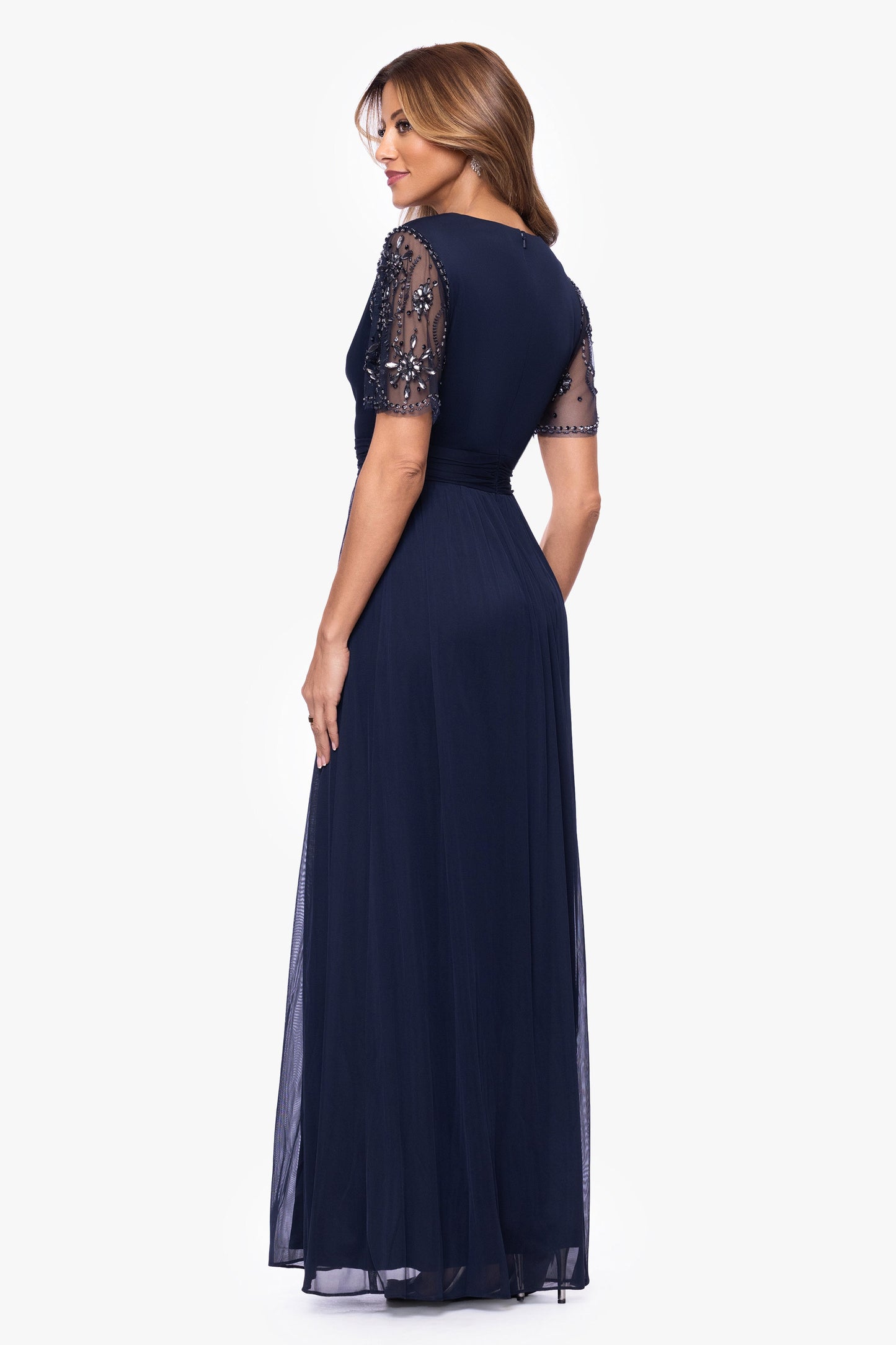 "Aurelia" Sheer Matte Jersey Mesh Beaded Sleeve Dress Navy XSCAPE