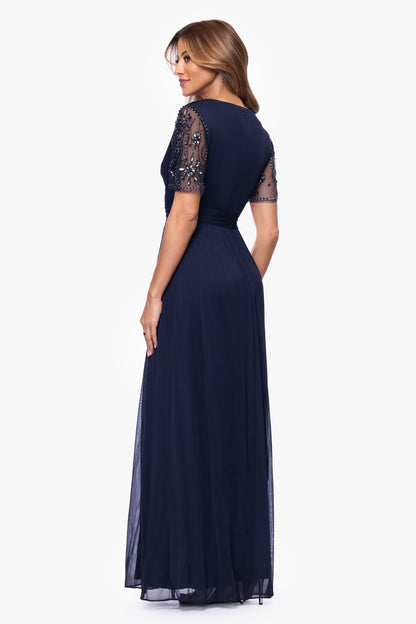 "Aurelia" Sheer Matte Jersey Mesh Beaded Sleeve Dress Navy XSCAPE