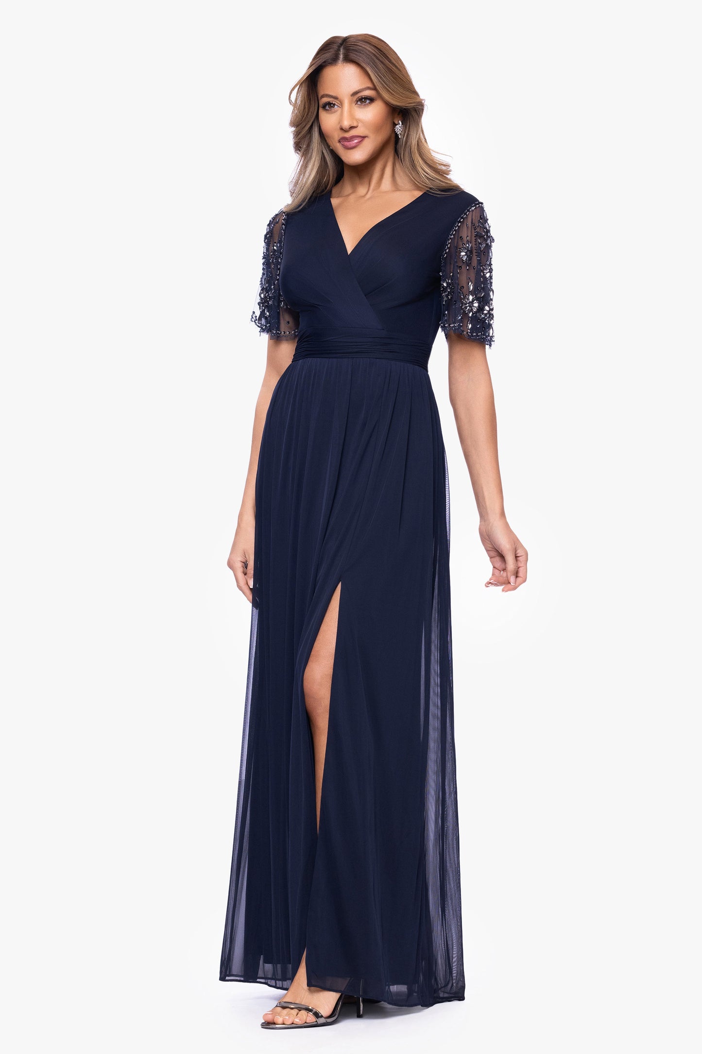 "Aurelia" Sheer Matte Jersey Mesh Beaded Sleeve Dress Navy XSCAPE