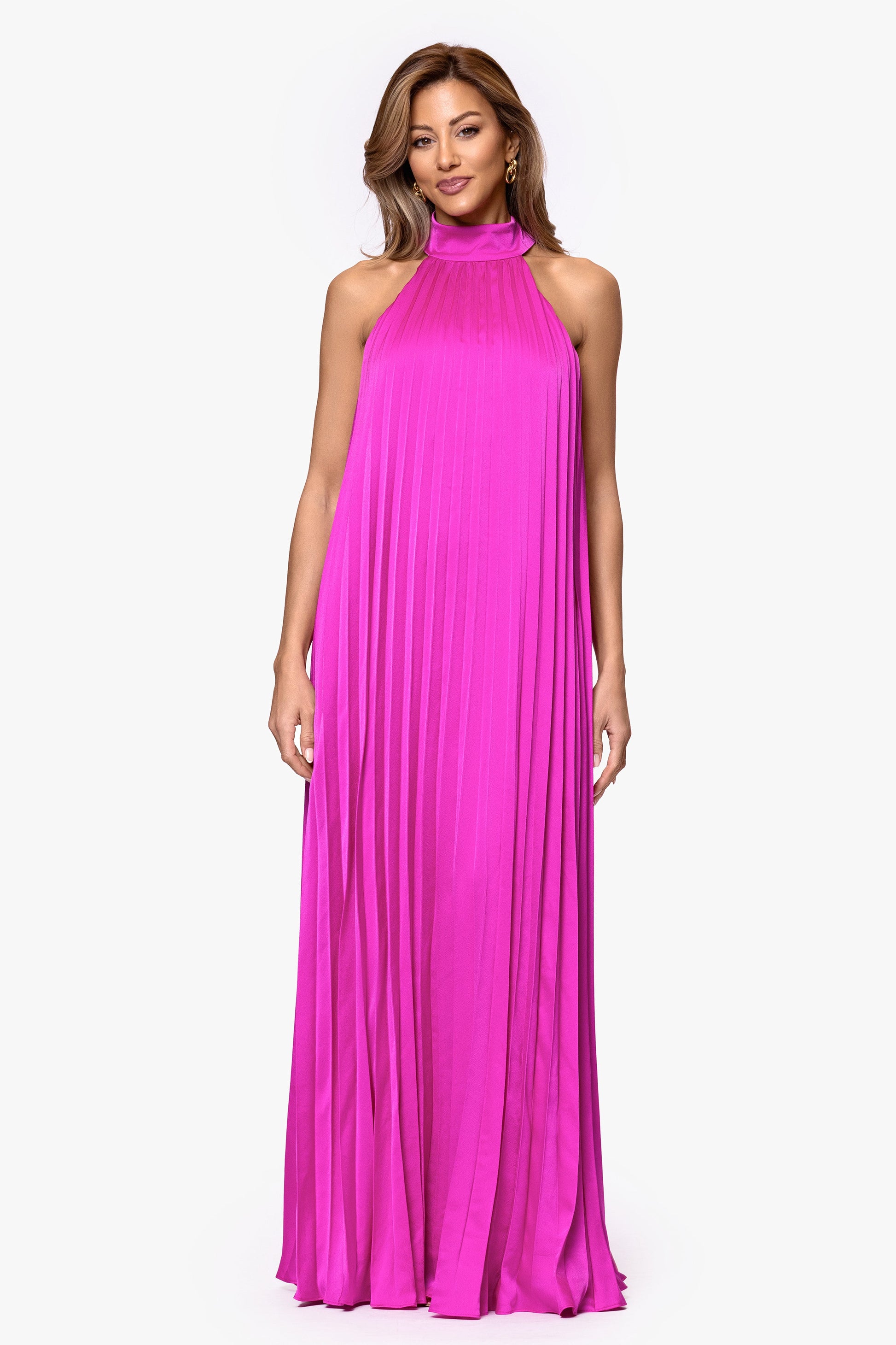 "Klaudine" Satin Mock Neck Dress Fuchsia XSCAPE