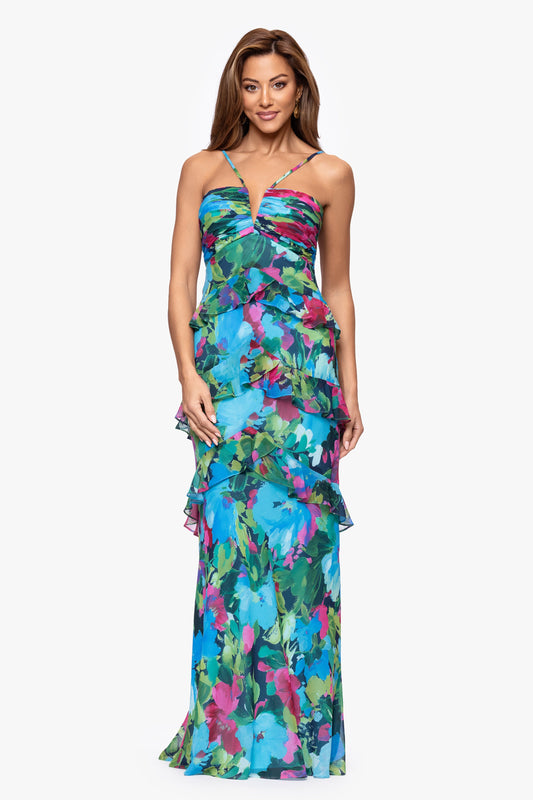 "Jayla" Print Chiffon Tiered Ruffle Dress Turquoise/Multi XSCAPE