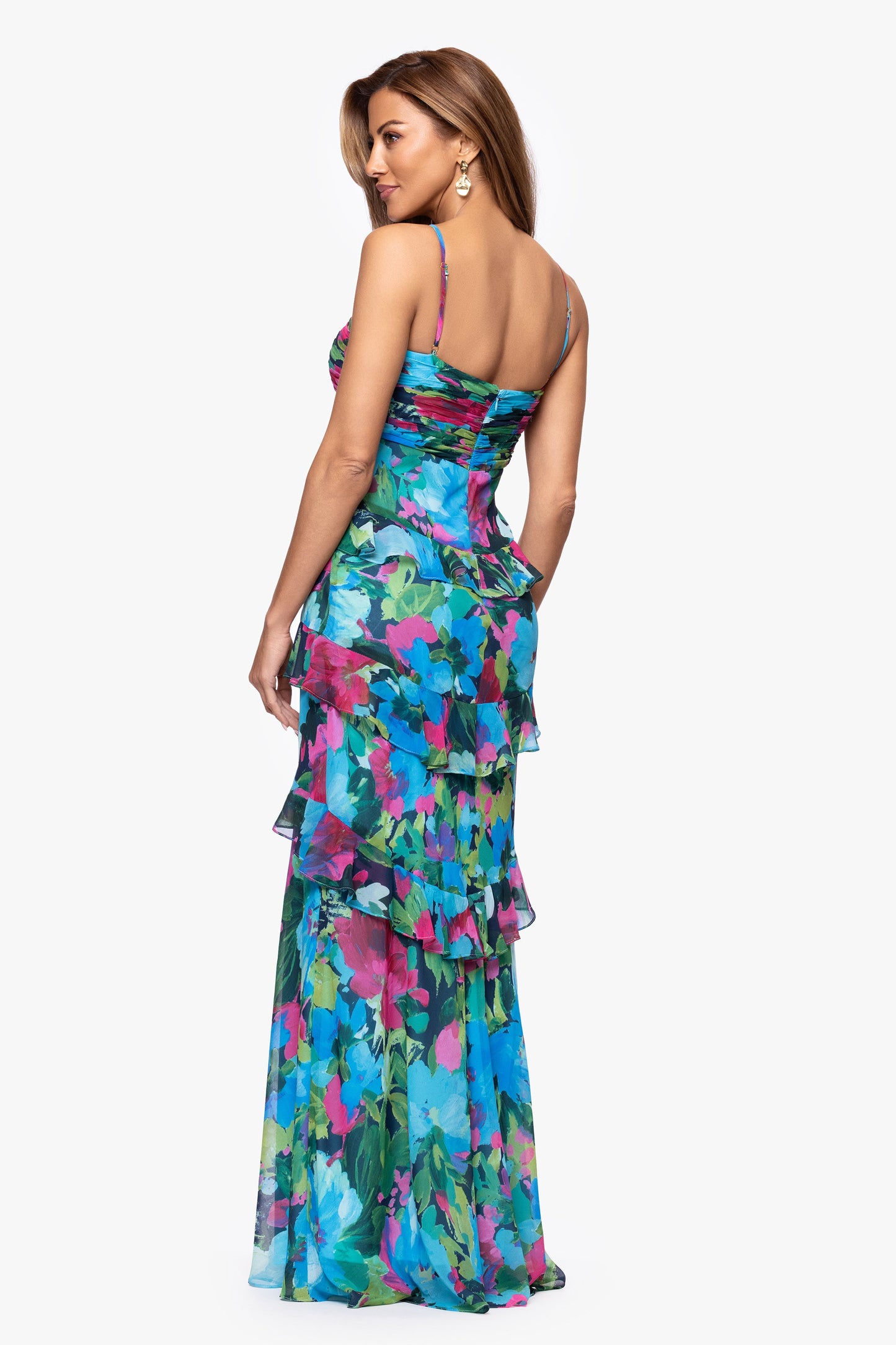 "Jayla" Print Chiffon Tiered Ruffle Dress Turquoise/Multi XSCAPE