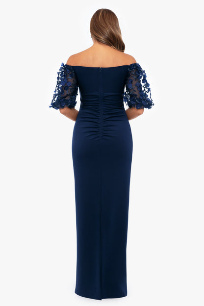 "Bernice" Techno Scuba 3D Floral Sleeve Dress Navy XSCAPE