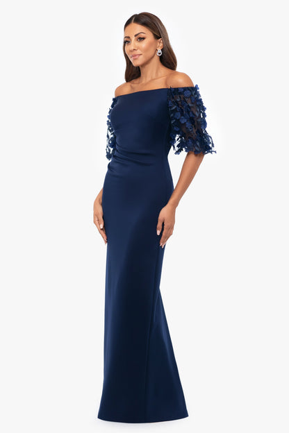 "Bernice" Techno Scuba 3D Floral Sleeve Dress Navy XSCAPE