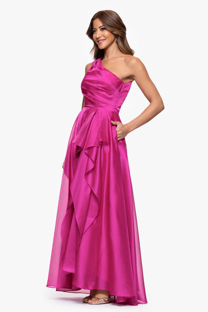 "Samantha" Organza One Shoulder Ruffle Dress Magenta XSCAPE
