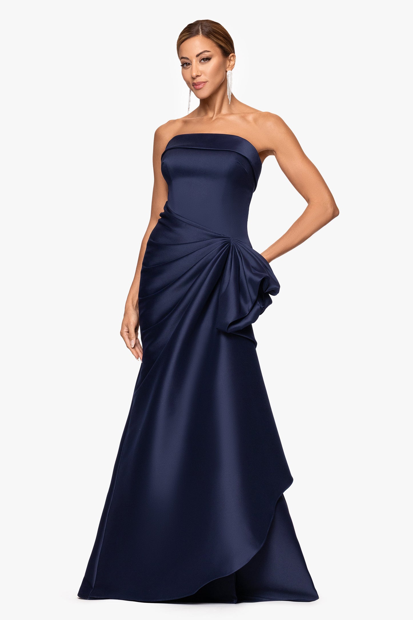 "Diana" Mikado Strapless Rouched Dress Navy XSCAPE