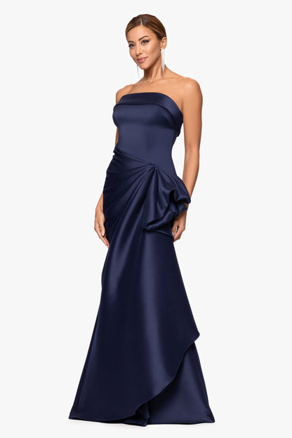 "Diana" Mikado Strapless Rouched Dress Navy XSCAPE