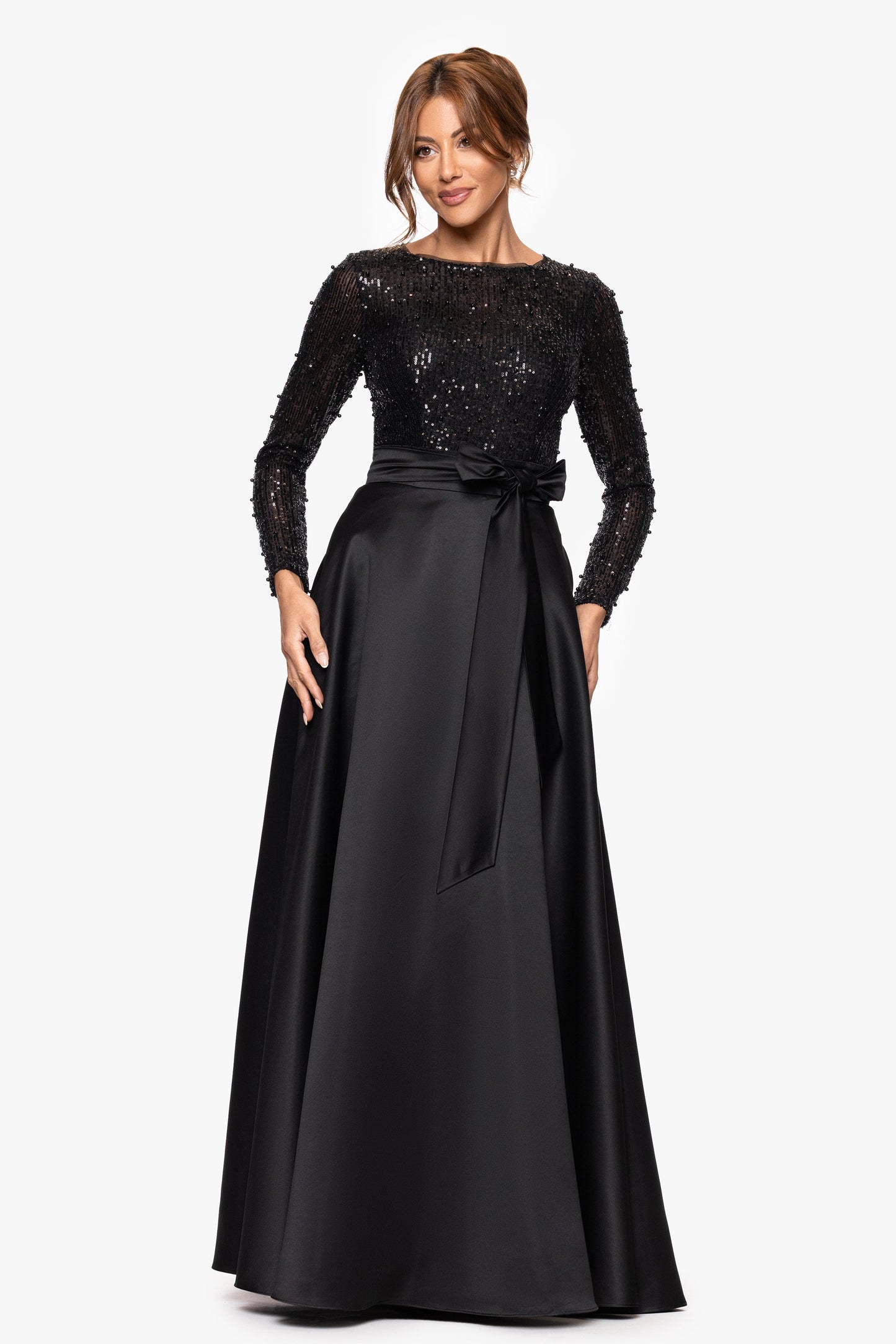 "Amanda" Satin Skirt and Sequin Bodice Long Sleeve Dress Black XSCAPE