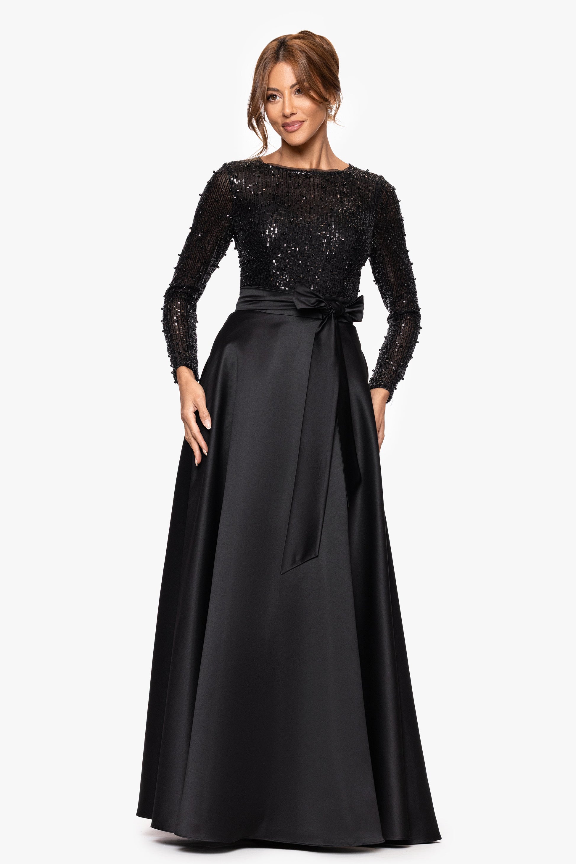 "Amanda" Satin Skirt and Sequin Bodice Long Sleeve Dress Black XSCAPE