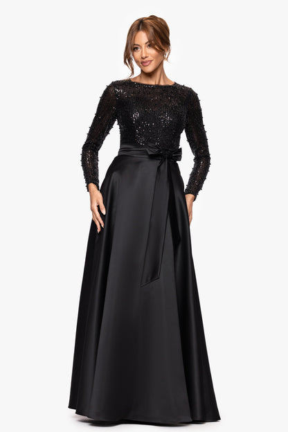 "Amanda" Satin Skirt and Sequin Bodice Long Sleeve Dress Black XSCAPE