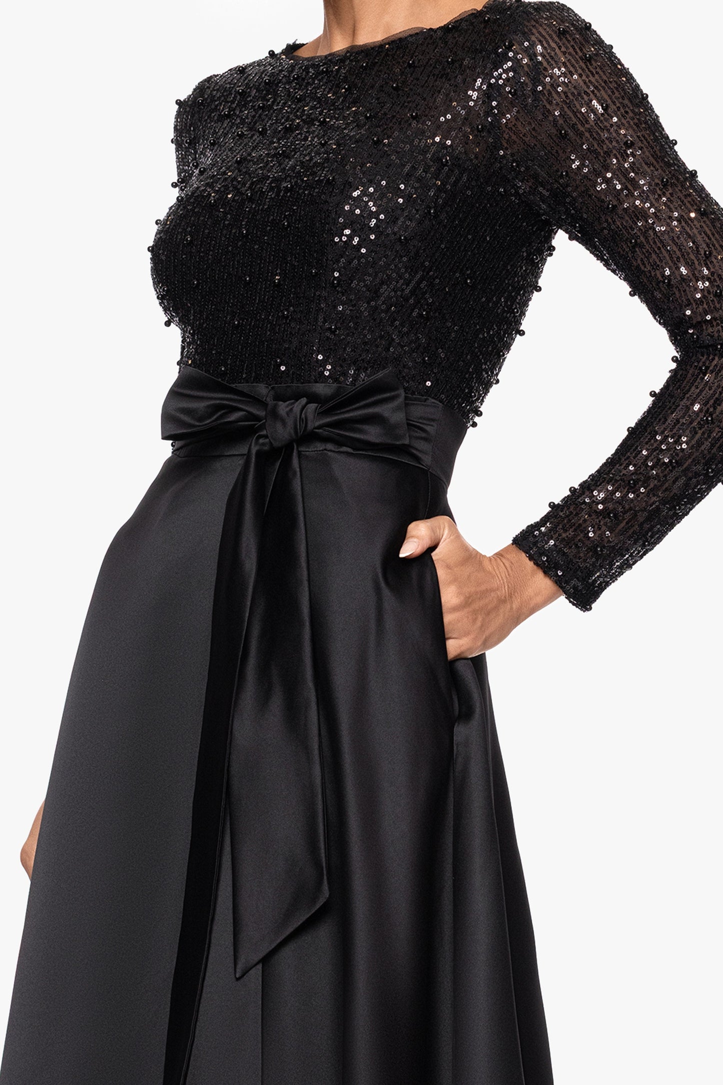 "Amanda" Satin Skirt and Sequin Bodice Long Sleeve Dress Black XSCAPE
