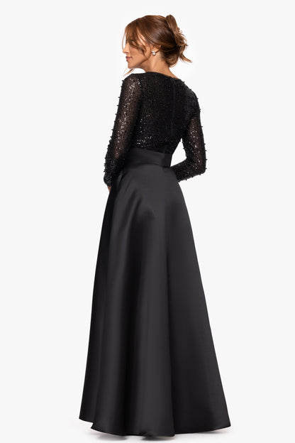 "Amanda" Satin Skirt and Sequin Bodice Long Sleeve Dress Black XSCAPE