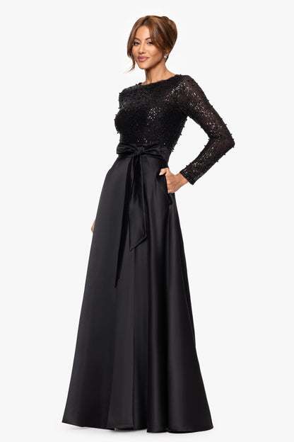"Amanda" Satin Skirt and Sequin Bodice Long Sleeve Dress Black XSCAPE