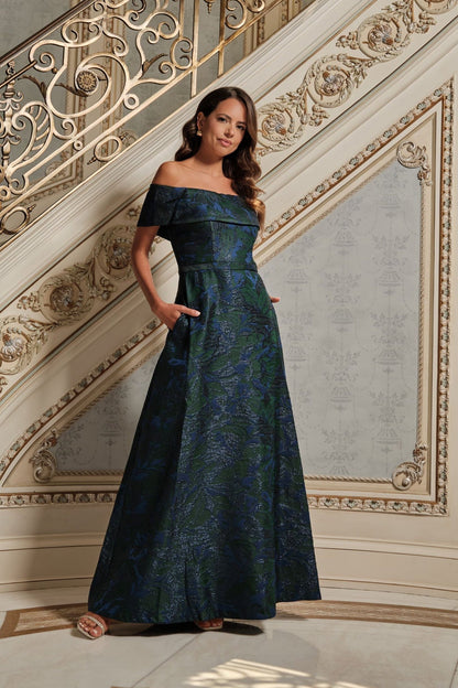 "June" Jacquard Off the Shoulder Dress Navy/Green XSCAPE