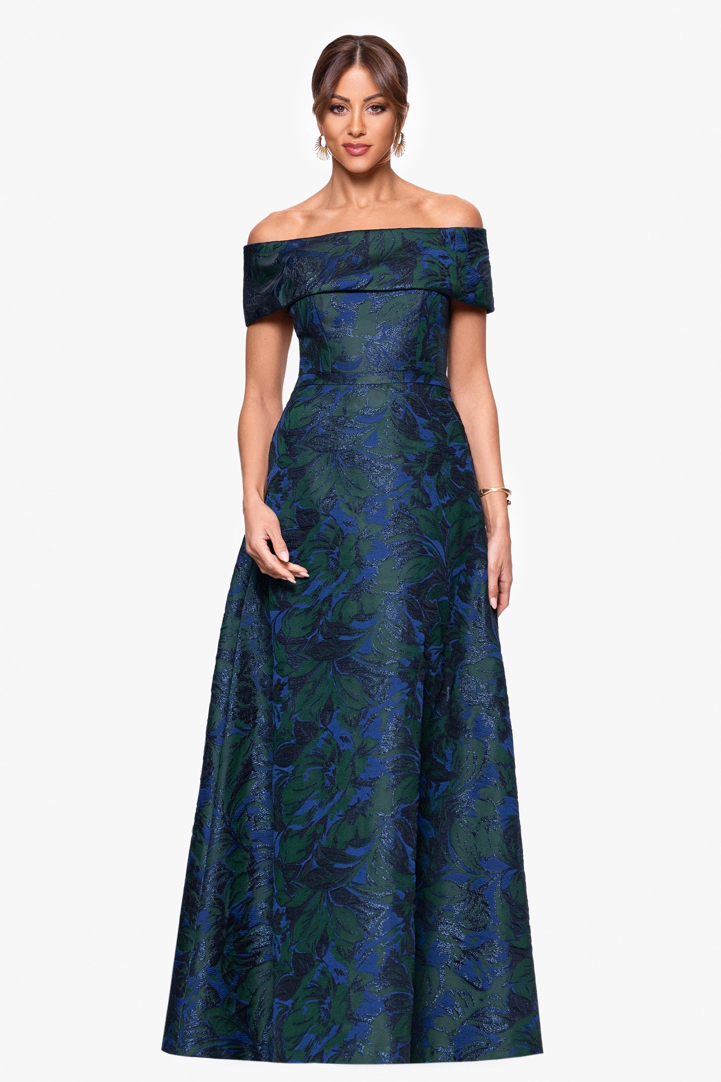 "June" Jacquard Off the Shoulder Dress Navy/Green XSCAPE