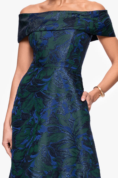 "June" Jacquard Off the Shoulder Dress Navy/Green XSCAPE