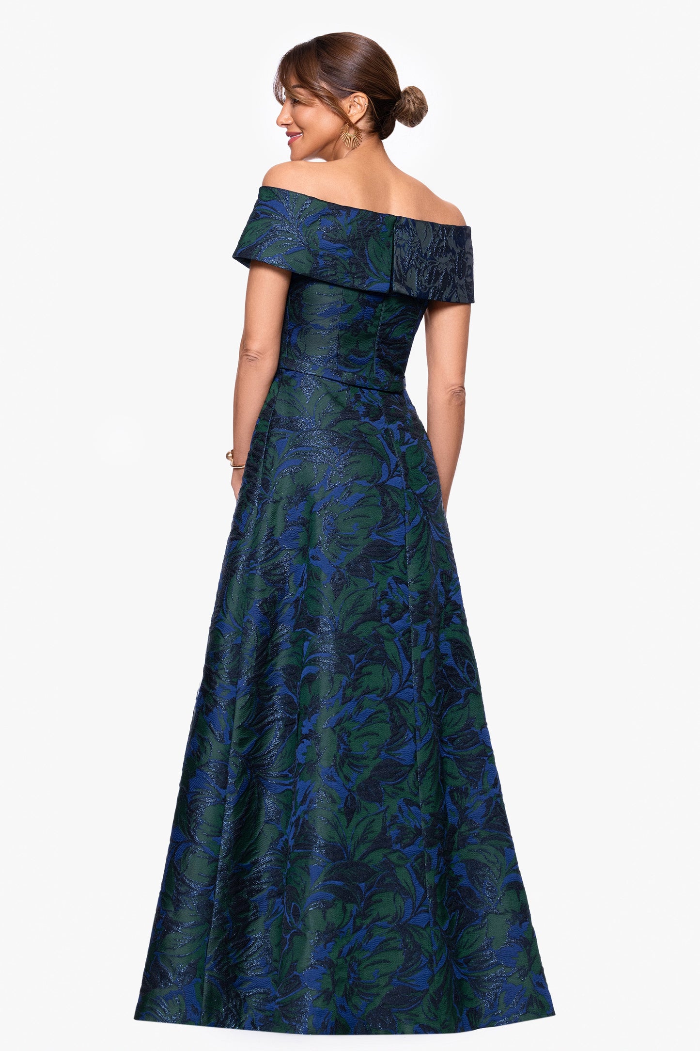 "June" Jacquard Off the Shoulder Dress Navy/Green XSCAPE