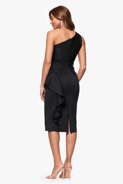 "Carrie" Techno Scuba One Shoulder Ruffle Dress Black XSCAPE