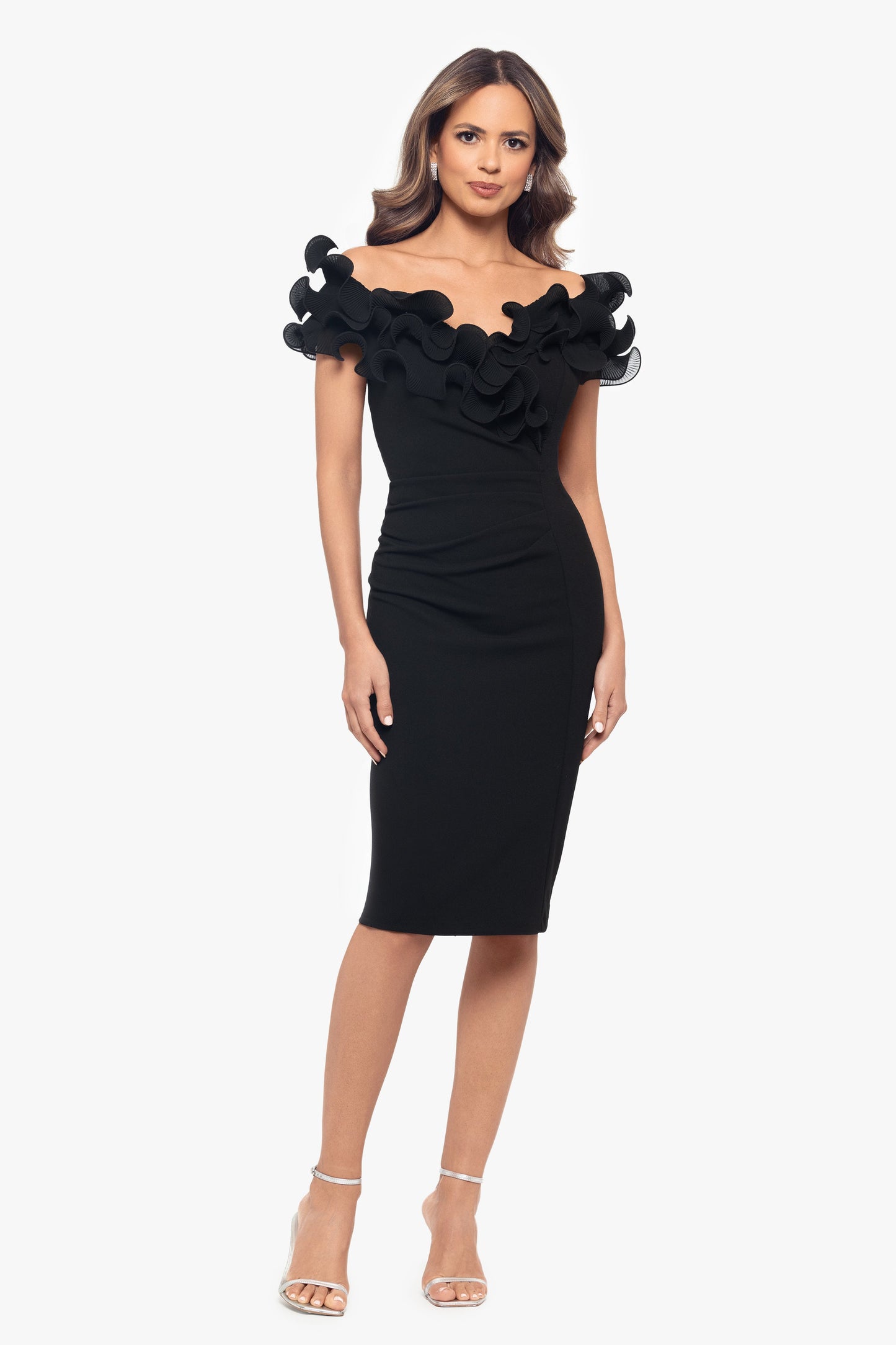"Natalia" Scuba Crepe Off The Shoulder Ruffle Neck Midi Dress Black XSCAPE