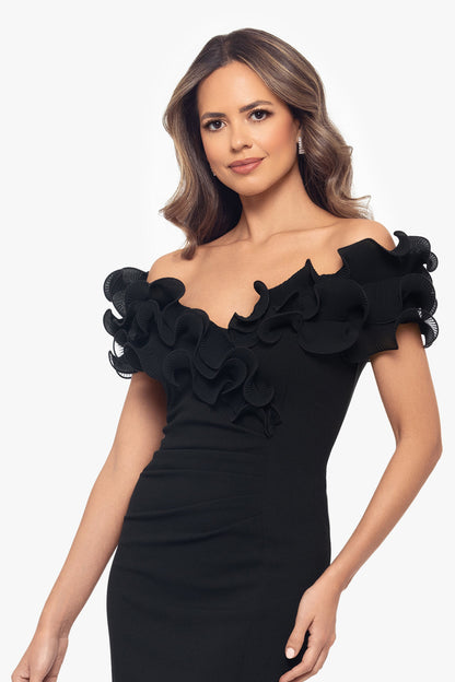 "Natalia" Scuba Crepe Off The Shoulder Ruffle Neck Midi Dress Black XSCAPE