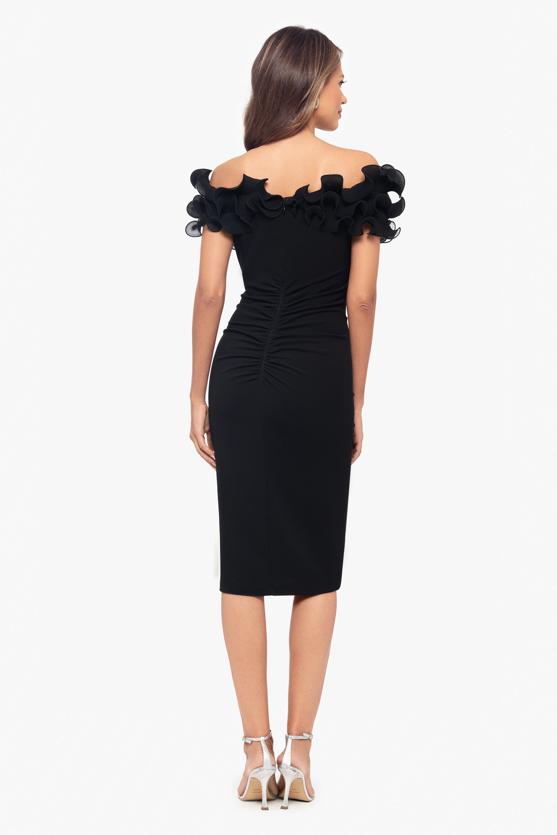 "Natalia" Scuba Crepe Off The Shoulder Ruffle Neck Midi Dress Black XSCAPE