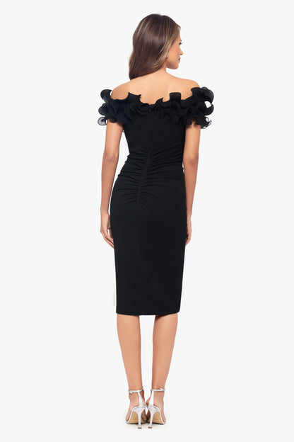 "Natalia" Scuba Crepe Off The Shoulder Ruffle Neck Midi Dress Black XSCAPE