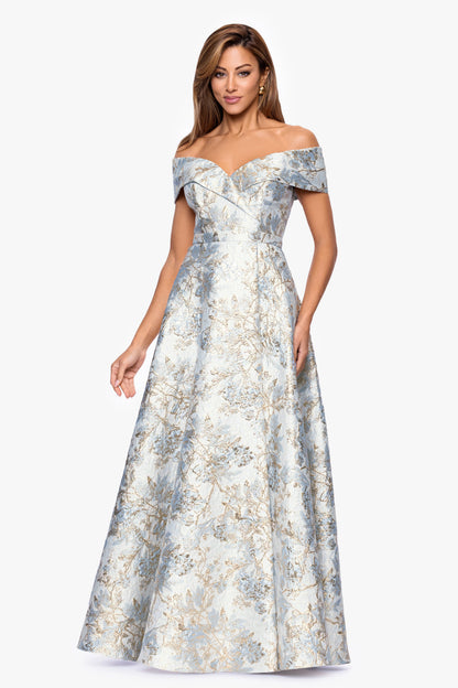 "Melissa" Brocade Off the Shoulder V-Neck Ballgown Blue/Gold XSCAPE