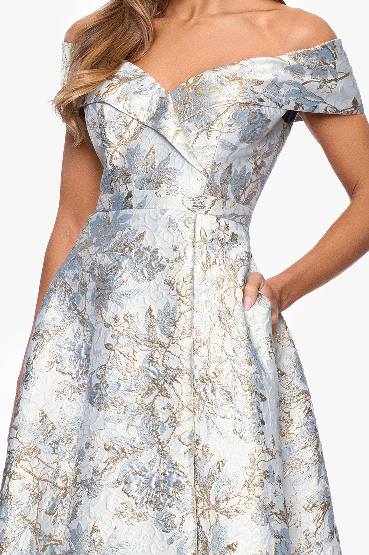 "Melissa" Brocade Off the Shoulder V-Neck Ballgown Blue/Gold XSCAPE