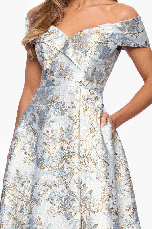 "Melissa" Brocade Off the Shoulder V-Neck Ballgown Blue/Gold XSCAPE