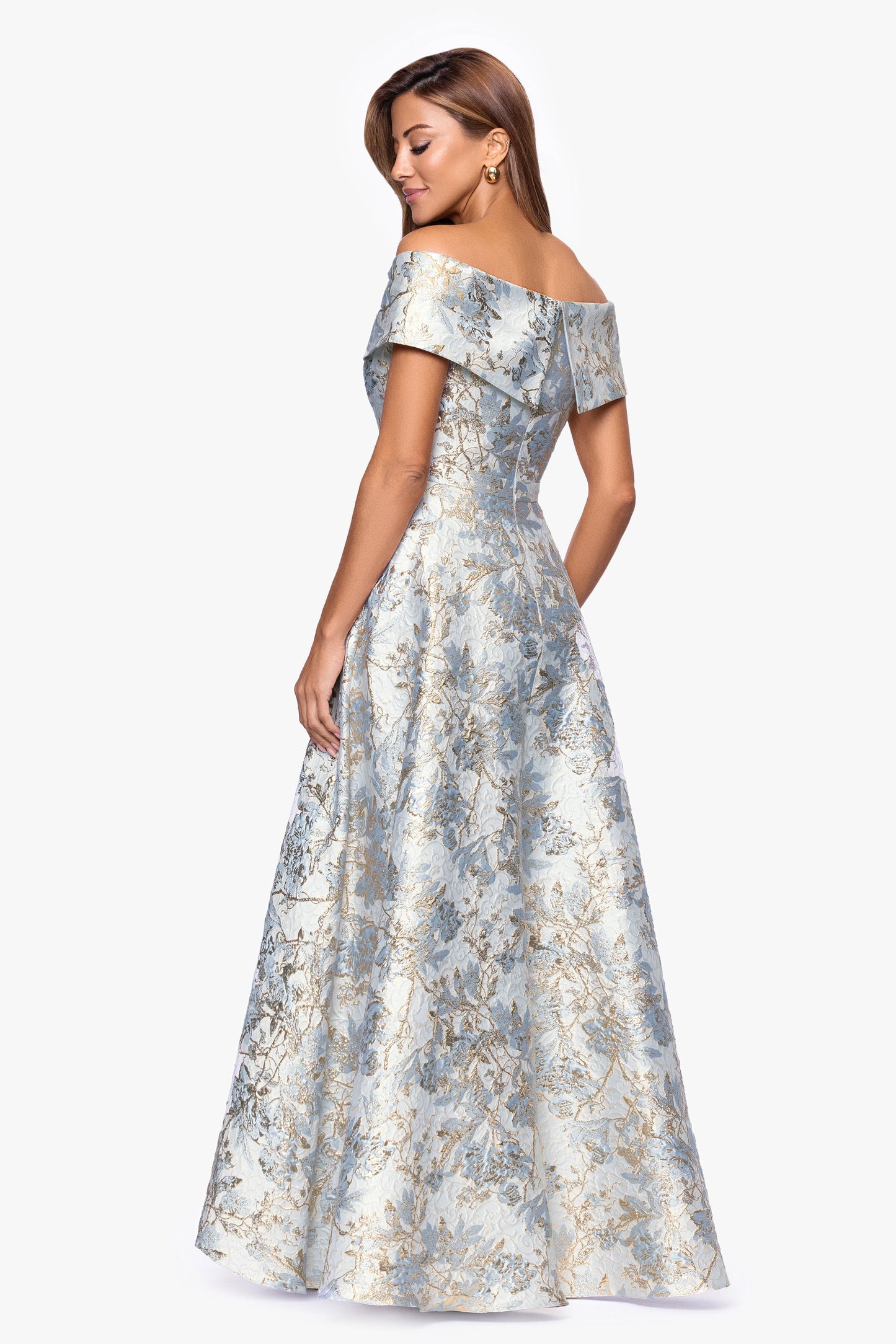 "Melissa" Brocade Off the Shoulder V-Neck Ballgown Blue/Gold XSCAPE