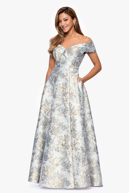 "Melissa" Brocade Off the Shoulder V-Neck Ballgown Blue/Gold XSCAPE