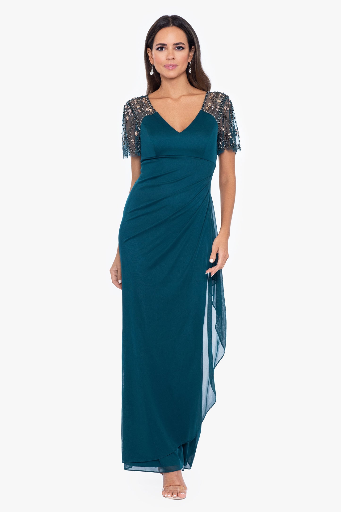 "Lana" Sheer Matte Jersey Beaded Flutter Sleeve Dress Neo Emerald XSCAPE