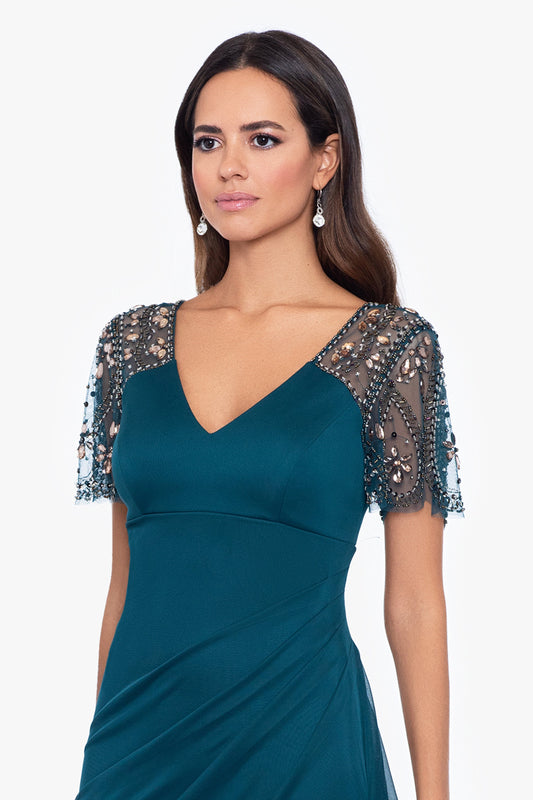 "Lana" Sheer Matte Jersey Beaded Flutter Sleeve Dress Neo Emerald XSCAPE