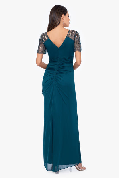 "Lana" Sheer Matte Jersey Beaded Flutter Sleeve Dress Neo Emerald XSCAPE