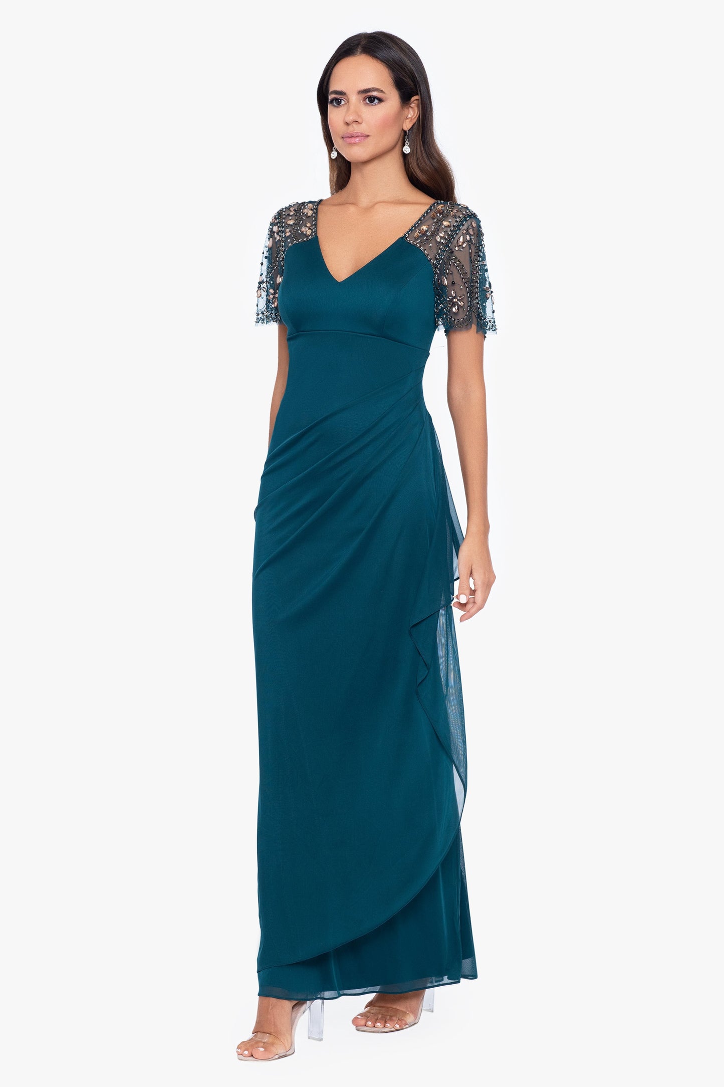 "Lana" Sheer Matte Jersey Beaded Flutter Sleeve Dress Neo Emerald XSCAPE