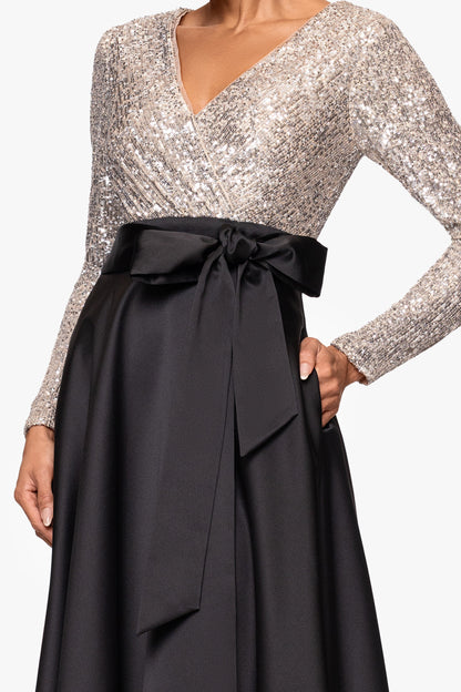 "Dixie" V-Neck Long Sleeve Sequin Top Waistband with Bow Gown Black/Nude/Silver XSCAPE