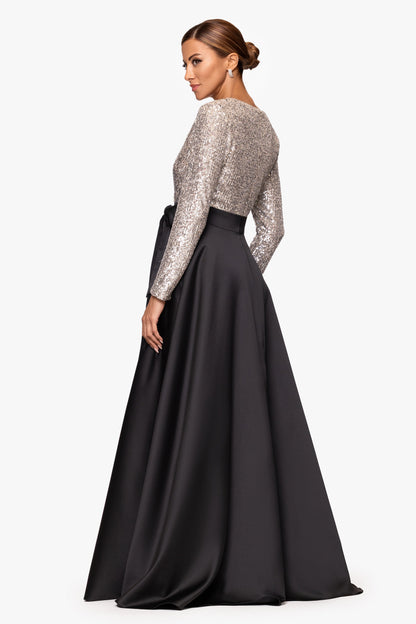 "Dixie" V-Neck Long Sleeve Sequin Top Waistband with Bow Gown Black/Nude/Silver XSCAPE
