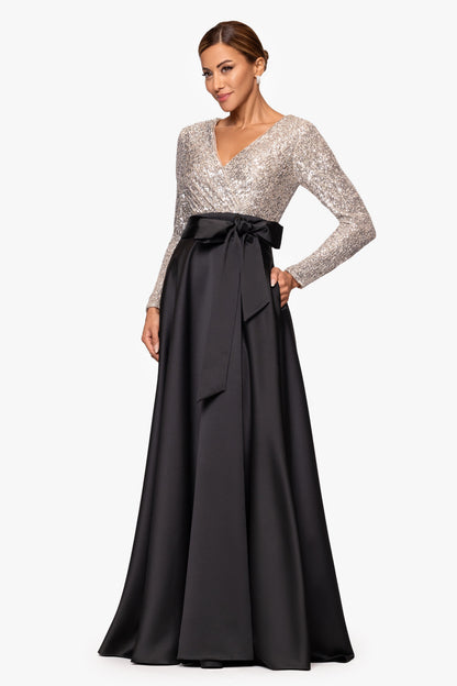 "Dixie" V-Neck Long Sleeve Sequin Top Waistband with Bow Gown Black/Nude/Silver XSCAPE