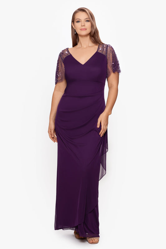 Plus "Lana" Sheer Matte Jersey Beaded Flutter Sleeve Dress Plum XSCAPE