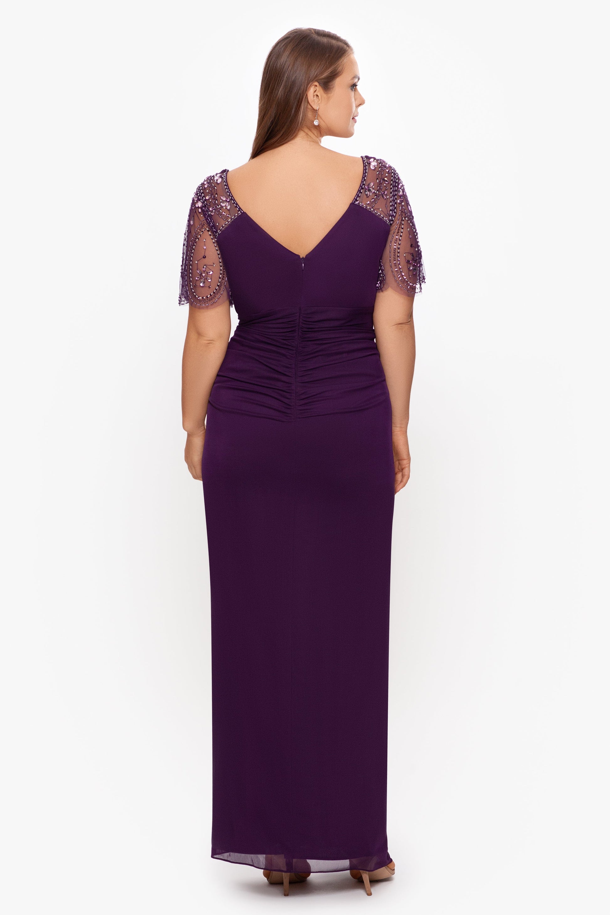 Plus "Lana" Sheer Matte Jersey Beaded Flutter Sleeve Dress Plum XSCAPE