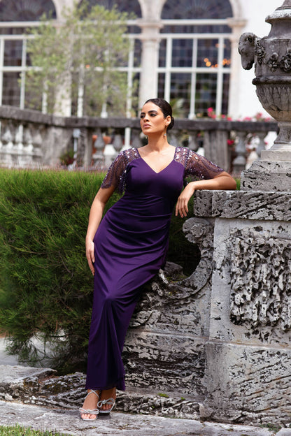 Plus "Lana" Sheer Matte Jersey Beaded Flutter Sleeve Dress Plum XSCAPE