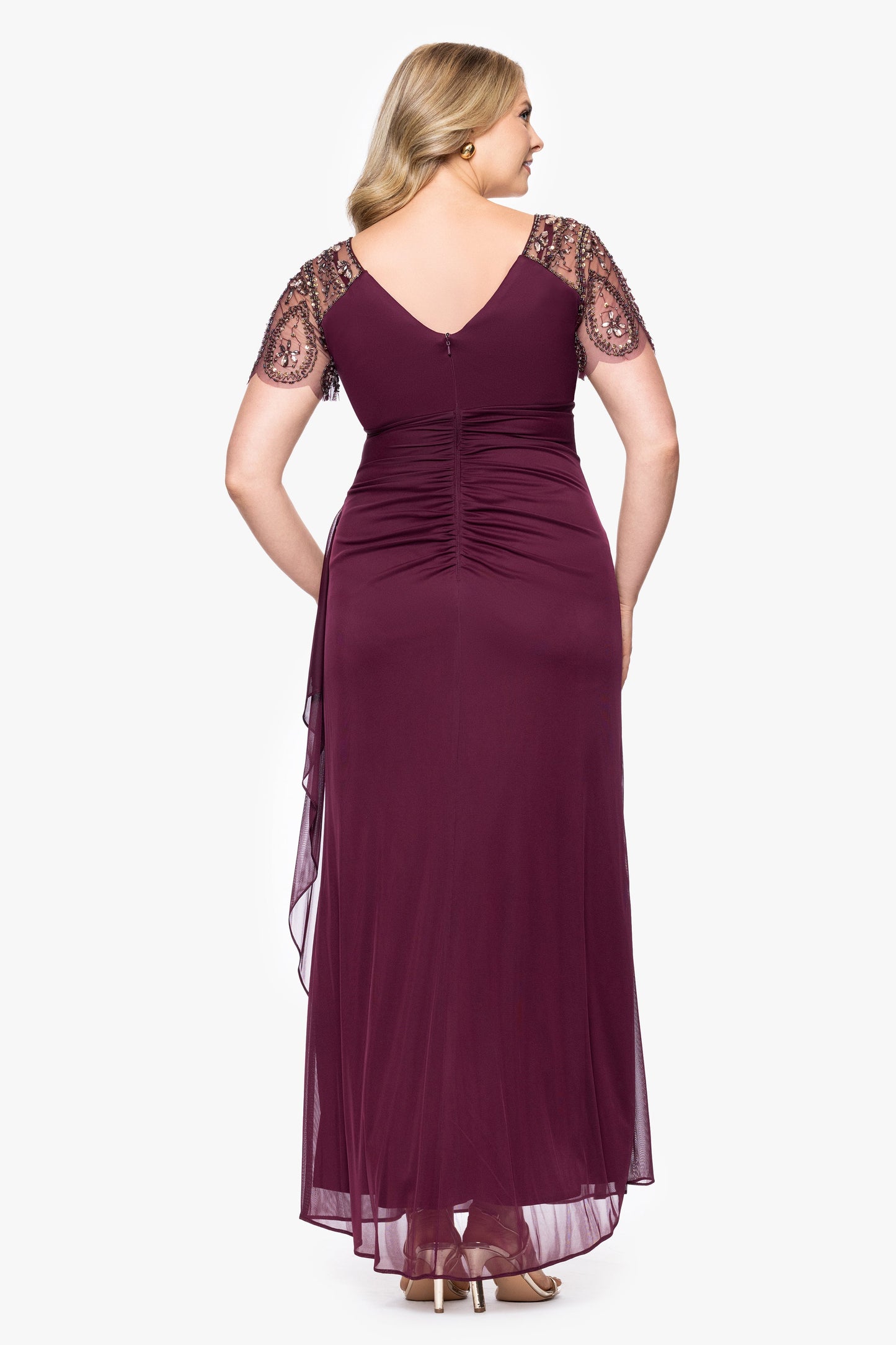 Plus "Lana" Sheer Matte Jersey Beaded Flutter Sleeve Dress Wine XSCAPE
