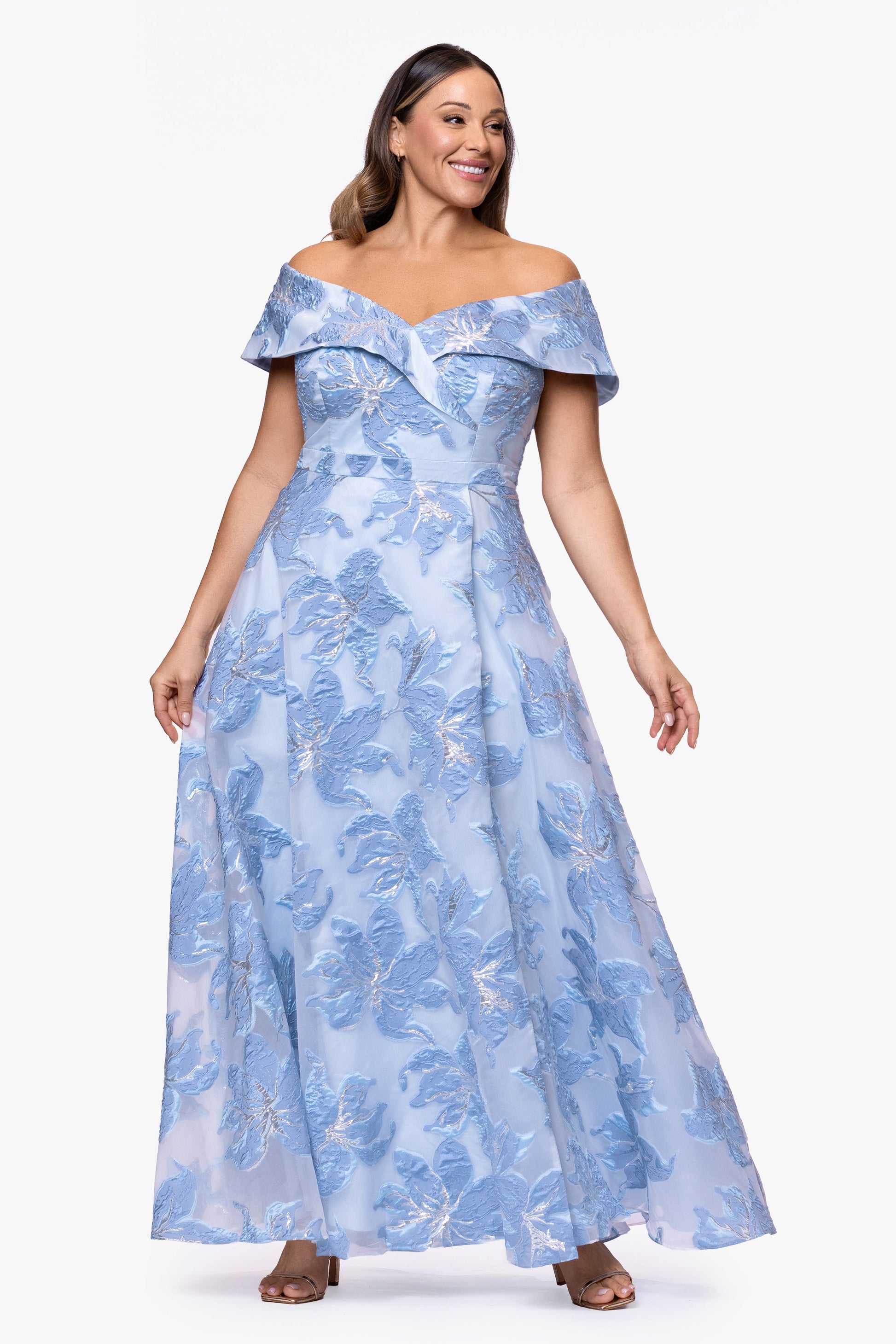 Plus "Alexi" Organza & Jacquard Off The Shoulder Dress Blue/Silver XSCAPE