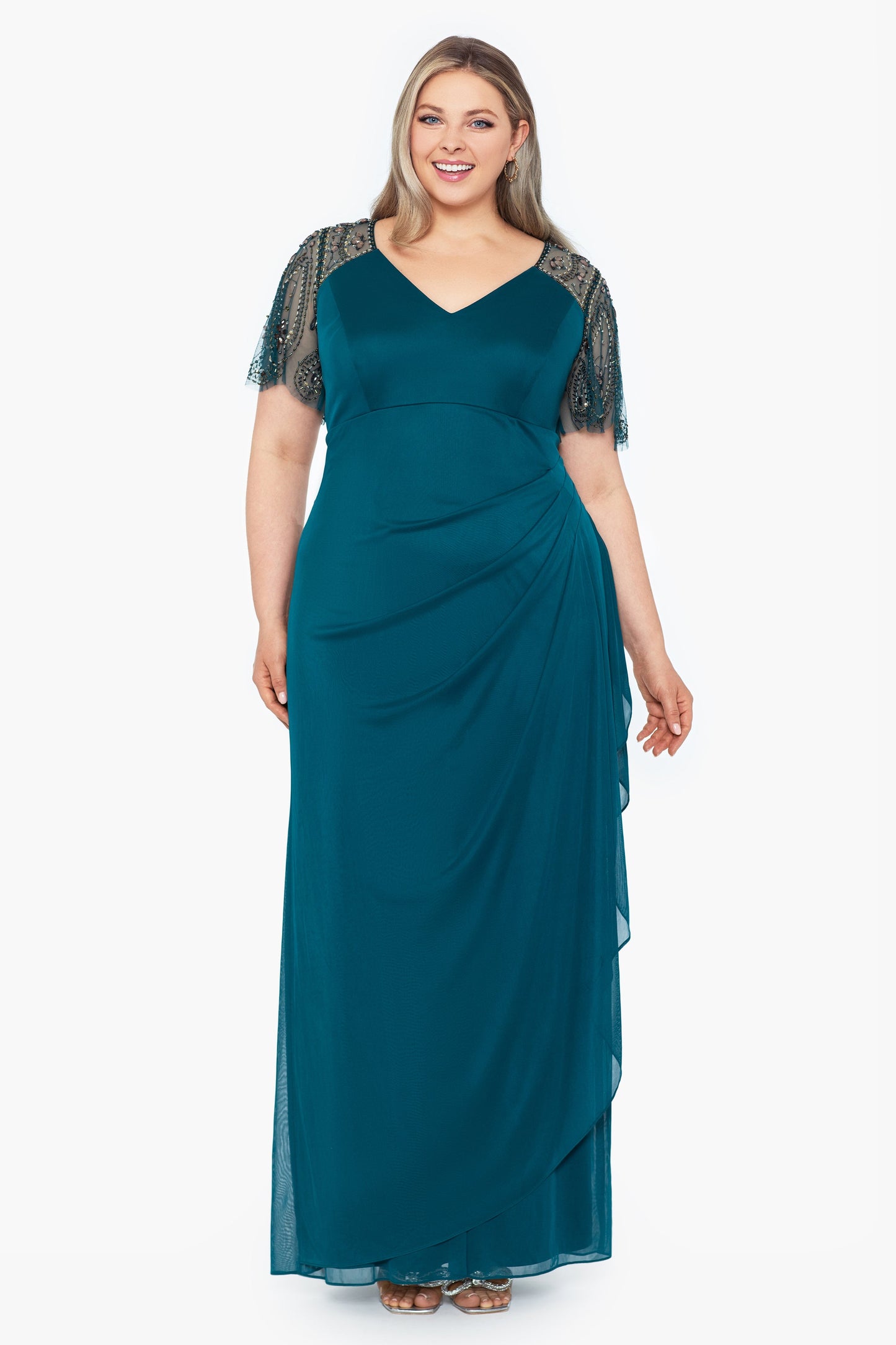 Plus "Lana" Sheer Matte Jersey Beaded Flutter Sleeve Dress Emerald XSCAPE